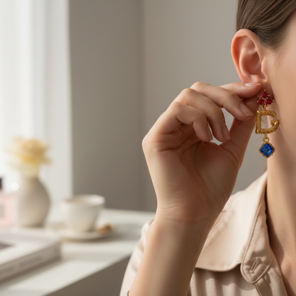 Dolce & Gabbana Gold Earrings with Red and Blue Accents - Picture 7 of 8